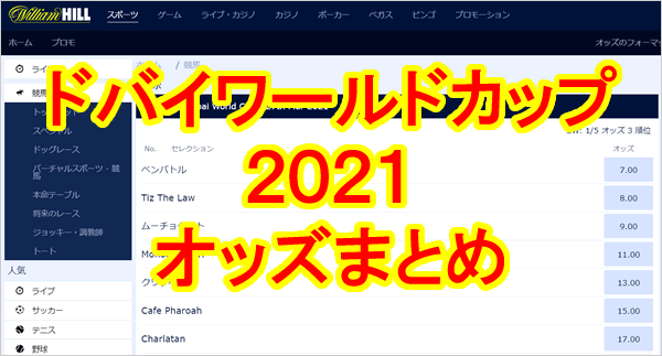 海外競馬 ドバイワールドカップ２０２１ブックメーカー全オッズ 前売り 21年3月27日 土 全着順 1着 ミスティックガイド ブックメーカーファン