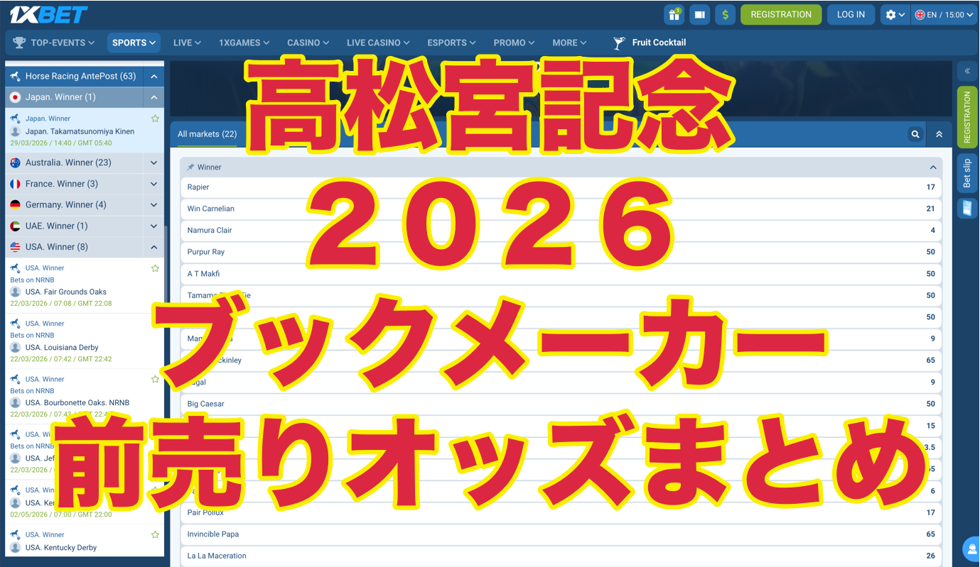固定オッズあり】高松宮記念2026（日本競馬）ブックメーカーオッズ