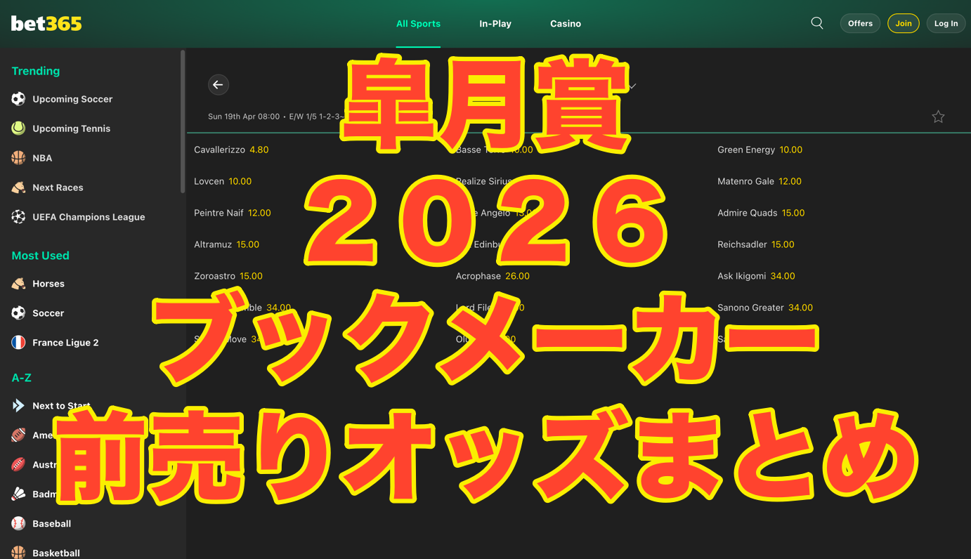 固定オッズあり】皐月賞2026（日本競馬）ブックメーカーオッズ