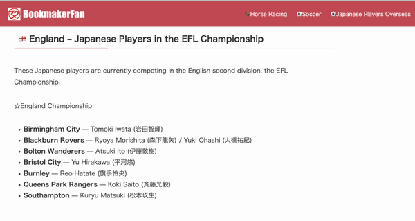 Football website page featuring Japanese players playing abroad, created using organized player data