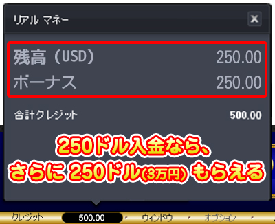 入金額と同じ金額のボーナスをもらえます。